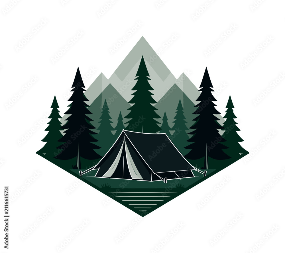 Obraz premium Dark green camping emblem with triangular pine trees, black tent, and layered geometric forest scene, camping, tent, pines, trees,