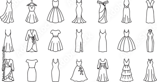Collection of various women dress line art icons for fashion design and clothing store projects