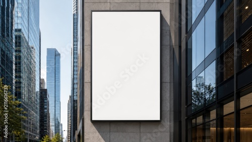 Blank billboard on a modern building facade surrounded by skyscrapers