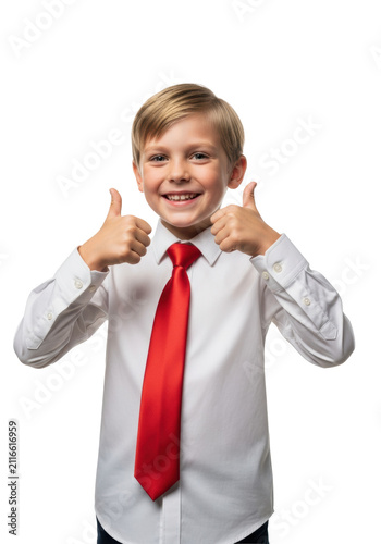 young caucasian boy, 8, blonde, wearing a crisp white shirt and vibrant scarlet silk tie, giving a confident double thumbs-up in a high-key commercial studio. concept of energetic endorsement