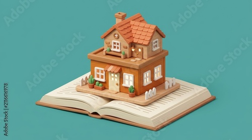Charming wooden house model perched atop an open book