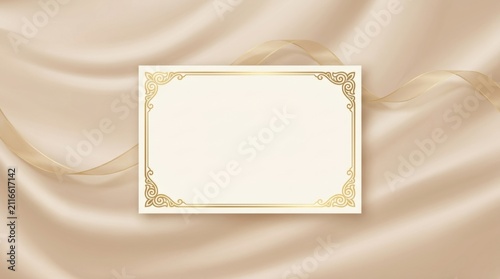 Elegant blank card with gold border and ribbon on satin background