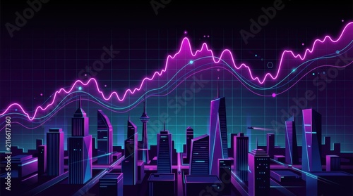 Neon city skyline with glowing financial data graph in vibrant purple and blue