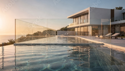 Modern oceanfront villa with infinity pool at sunset