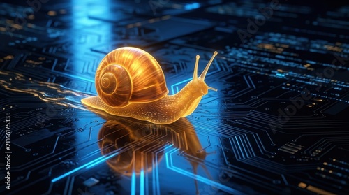 Glowing snail crawling on a futuristic circuit board with blue neon lights