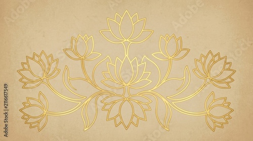 Elegant golden lotus flower line art design on textured beige background
