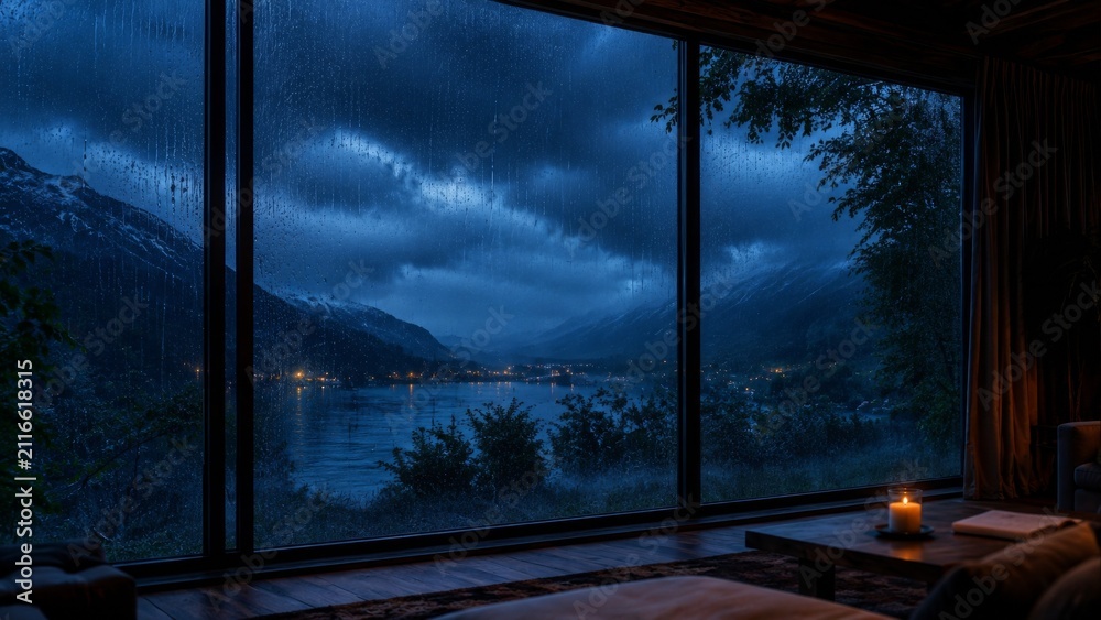Fototapeta premium Cozy living room overlooking rainy mountain lake at night through large window