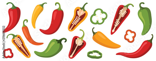 Chili pepper vector set with colorful hot peppers, sliced vegetables and spicy food