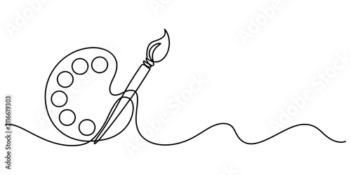 Continuous single line drawing of an artist paint palette and brush for creative design projects isolated on a clean white background Vector, illustration