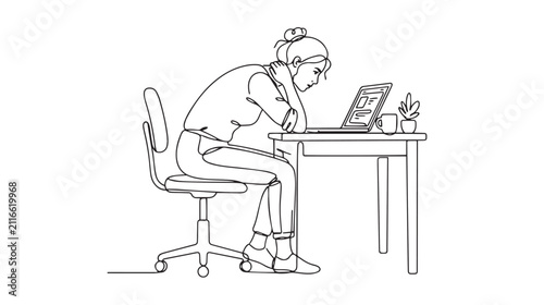 Continuous line drawing of woman slouching at desk working on laptop with bad posture