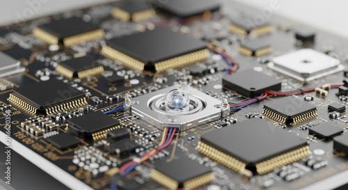 Detailed image of a compact modular deepspace optical communication laser transmitter component showing soldered microchips and integrated photonics.