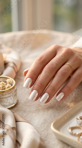 Close-up of a woman's hand showcasing glossy white pearl manicure with delicate gold rings in a soft natural light setting, representing luxury nail care and beauty.