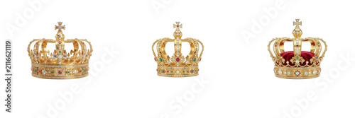 Obraz na płótnie Set of Three Golden Royal Crowns Decorated with Precious Gemstones and Jewels Is