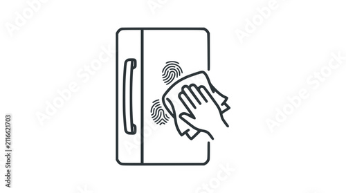 Hand cleaning fingerprints from refrigerator surface with cloth line icon