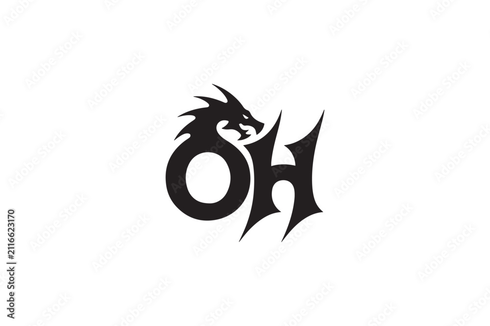 Obraz premium Mythical dragon embracing 'oh' logo design evoking fantasy and power