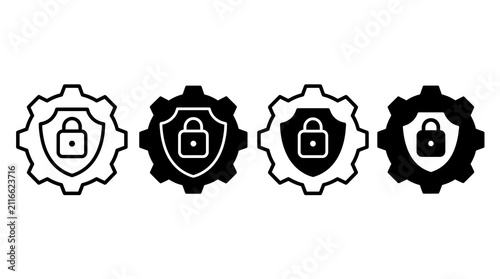 Cybersecurity Shield and Gear Icons Representing Secure System Operations, Data Protection, Network Security, Privacy, Encryption, and IT Security Vector Set