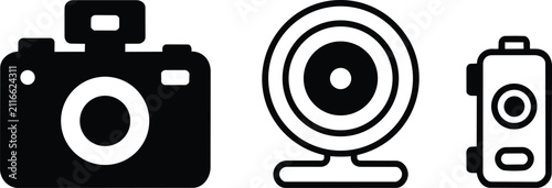 Camera, webcam, and portable camcorder glyph icons for photography, video recording, and broadcast gear
