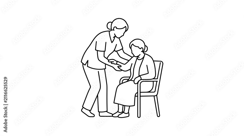 Obraz premium Caregiver helping elderly woman sitting in chair vector line art illustration
