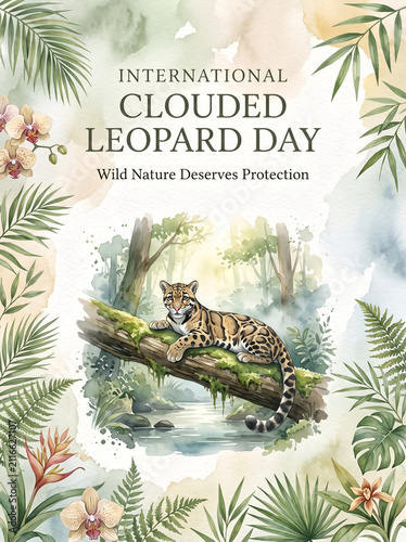 International Clouded Leopard Day Watercolor Wildlife Awareness Poster Design