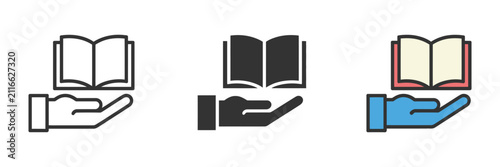 Open book icon with hand holding book, reading and education symbols