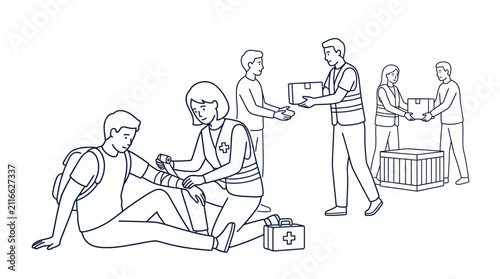 Volunteers providing medical aid and humanitarian relief to people in need