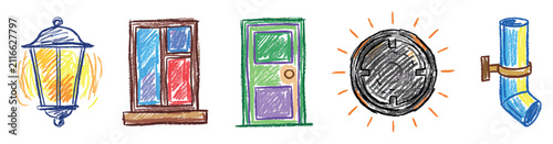House elements icons set. Home exterior and utility concept. Includes street lamp, window, door, manhole cover, drainpipe. Hand-drawn doodle style