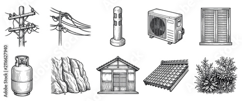 City and nature elements icons set. Urban and outdoor objects concept. Includes utility pole, bollard, air conditioner, window shutter, gas cylinder, rock, house, roof tile, bush. Hand-drawn