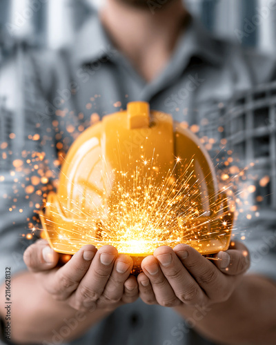 Hands cradling a yellow construction hardhat engulfed in brilliant, energetic sparks