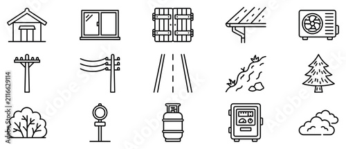 Outdoor and nature icons set. Elements of environment and infrastructure concept. Includes house, window, shutters, gutter, air conditioner, utility pole, road, stream, pine tree, bush, road