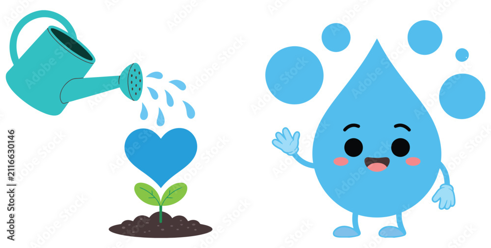 Fototapeta premium Cartoon water drop mascot holding heart shaped watering can for garden care, nature, and cute eco themed vector design