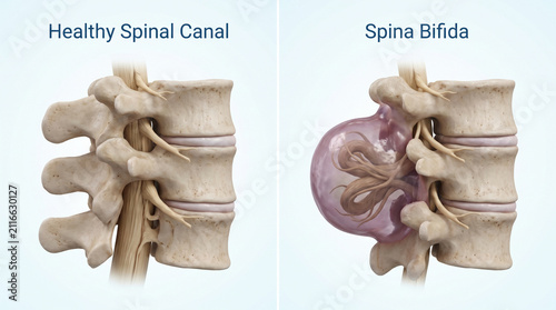 Spina Bifida Defect and Healthy Spinal Canal Anatomy Comparison