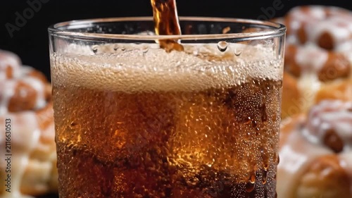 Extreme slow motion of dark carbonated soda pouring over crisp ice cubes beside freshly baked golden cinnamon rolls, captured with high-contrast commercial lighting for a refreshing, tactile look.