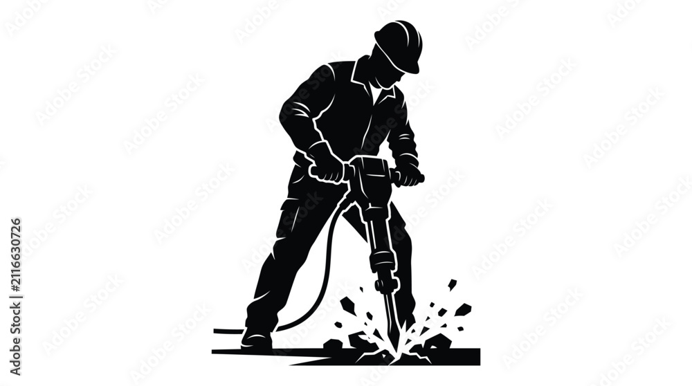 Fototapeta premium Construction worker operating heavy jackhammer drill for road repair project in solid black graphic style design
