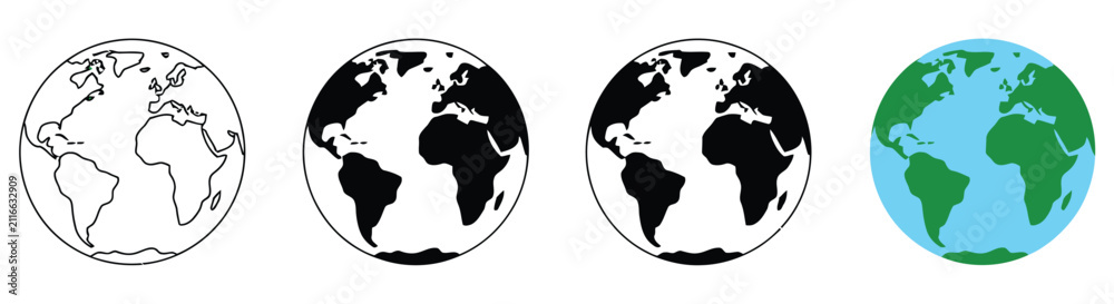 Obraz premium Globe icons featuring earth, world map, and planet designs in black, white, blue, and green flat vector style