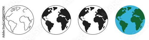 Earth globe symbols with world map, continents, and oceans in simple flat vector design for geography and navigation