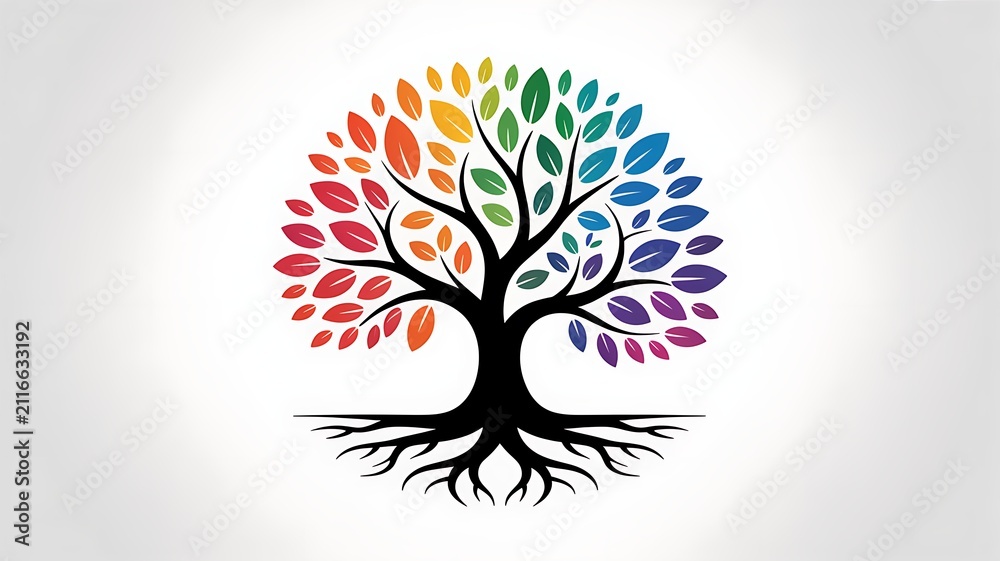 Obraz premium A beautiful artistic illustration of an evergeen tree featuring vibrant rainbow colored leaves and deep roots isolated on a clean white background design