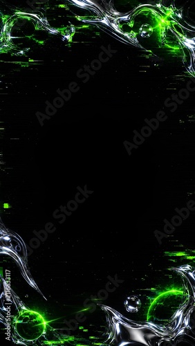 輝く緑の球体と液体金属が舞うサイバーパンクの夜 / Cyberpunk night with glowing green spheres and liquid metal (Generative AI)