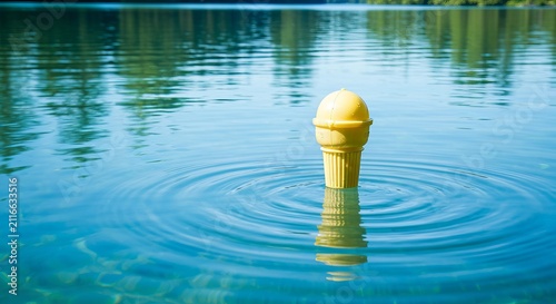 A colorful plastic ice cream cone adrift on calm water, capturing a whimsical summer scene