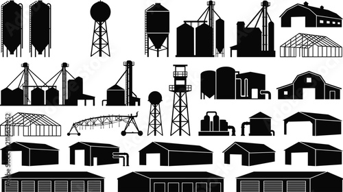 Agricultural Farm Infrastructure Silhouette Collection with Grain Silos Barns and Industrial Equipment Vector Set
