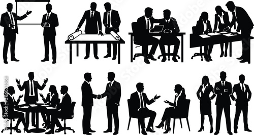 Business People Silhouette Collection with Office Meeting Presentation and Teamwork Vector Set