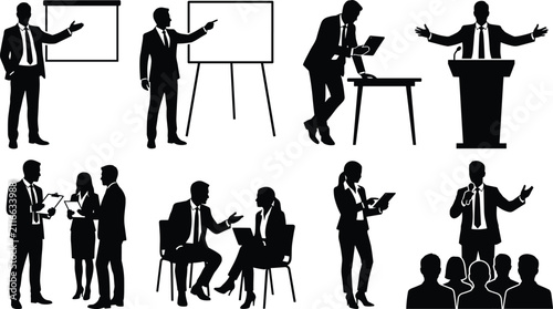 Business Presentation and Corporate Meeting Silhouette Collection with Professional Office People Vector Set
