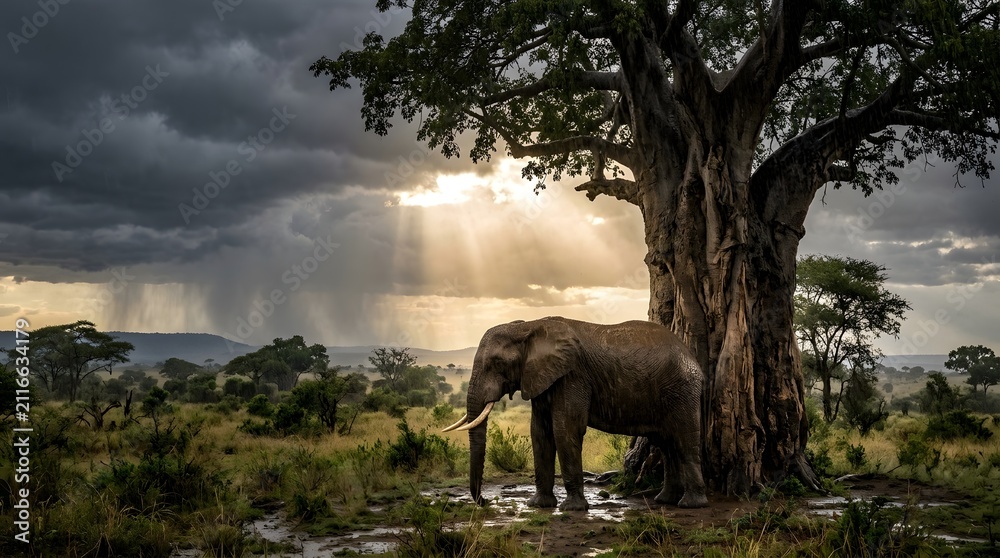 Fototapeta premium African elephant standing under a tree. Majestic wildlife in a dramatic rainstorm landscape.