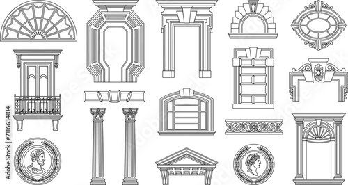 Classical Architectural Elements Collection with Vintage Doors Windows Columns and Decorative Frames Vector Set