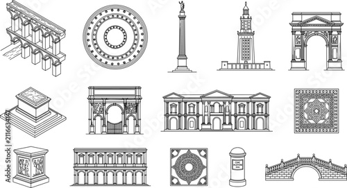 Classical Architectural Landmark Elements Collection with Historic Monuments Arches and Decorative Vector Set