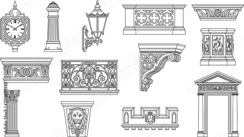 Classical Architectural Ornament Elements Collection with Decorative Columns Cornices and Facade Details Vector Set
