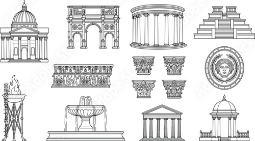 Classical Architecture Elements Collection with Ancient Temple Columns Arches and Monument Vector Set