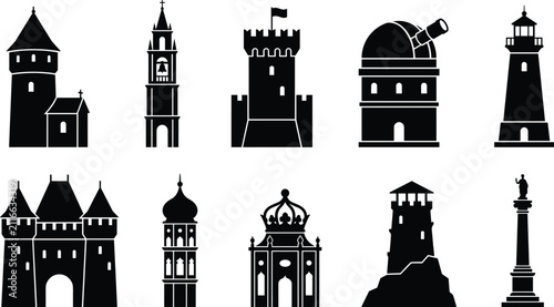 Historic Landmark Tower Silhouette Collection with Castles Lighthouses and Monument Vector Set