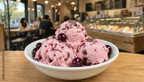 Bowl of cherry ice cream topped with cherries and chocolate shavings on a wooden café table, with a softly blurred artisan gelato shop background.