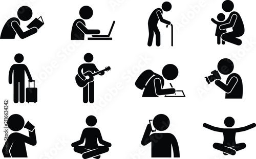 Human Activity Silhouette Icons Collection with Lifestyle Education Work and Wellness Symbols
