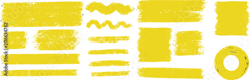 Yellow Crayon Brush Stroke Vector Set with Distressed Texture Banners Underlines Highlights Rectangles Circle and Waves Isolated on Transparent Background